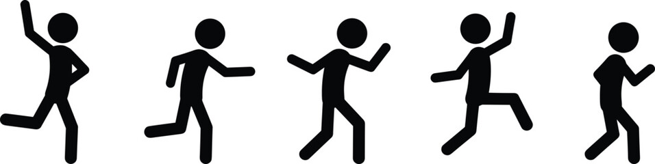 Silhouette vector illustration of running and jumping stick figure people, simple minimal black pictogram design showing movement, exercise, fitness, active lifestyle, outdoor activity