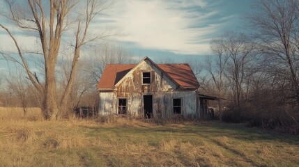 Obraz premium Abandoned Rustic House Surrounded by Tall Grass and Bare Trees