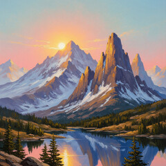 Obraz premium painting of a mountain and river landscape