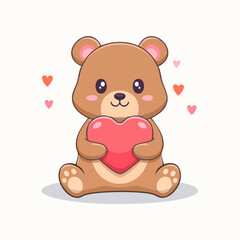 Cute cartoon bear holding a big red heart love concept.