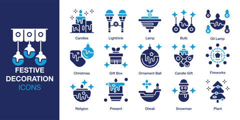 Obraz premium Festive Decoration icon set. Containing event, festival, party, traditional, decor and more. Solid vector icons collection. Vector illustration.
