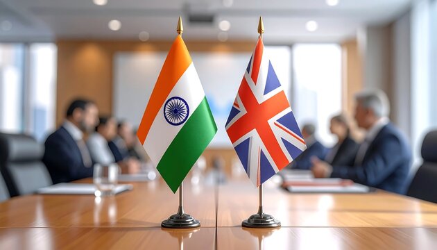Two small flags on a table during a business meeting
