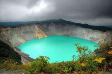 Volcanic crater lake, vibrant turquoise water, dramatic sky