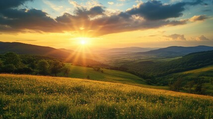 Fototapeta premium Serene Sunset Over Rolling Hills and Lush Green Fields Landscape