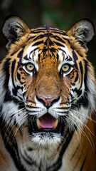 Fototapeta premium Intense close-up of a regal feline, showcasing striking stripes and amber eyes