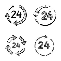 Hand Drawn Sketch Style 24 Hour Service Doodle Icon Set for Business and Support