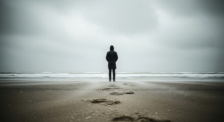Solitary person standing on empty beach facing cloudy ocean horizon