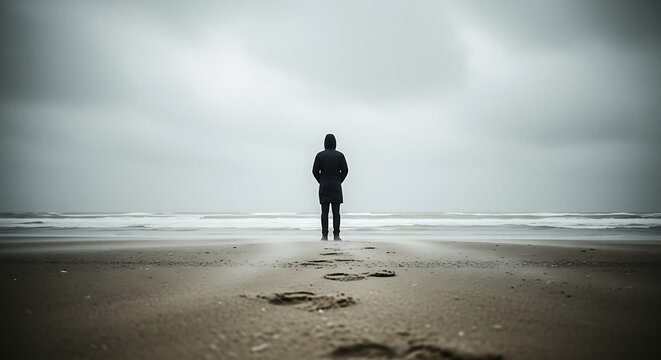 Solitary person standing on empty beach facing cloudy ocean horizon - Powered by Adobe