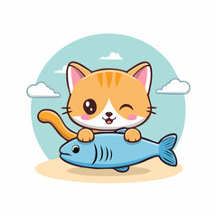 Cute cartoon cat holding a fish.