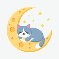 Cute cartoon cat sleeping peacefully on a crescent moon surrounded by twinkling stars.