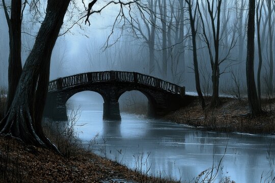 Misty, ancient bridge over a tranquil river in a dark forest