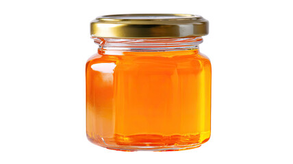 a jar of orange liquid with lid isolated on white background