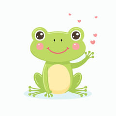Cute Cartoon Frog Waving Hello with Hearts.