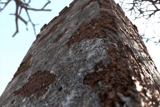 Close-up of weathered, terracotta brick tower section