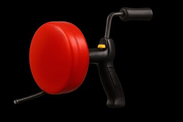 Hand-crank drain snake isolated on transparent background, coiled cable detail, realistic metal and plastic texture