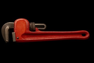 High-resolution isolated image of a red steel pipe wrench, single object, centered, detailed texture, professional lighting, transparent background.