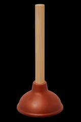 Realistic 3D render of a rubber plunger with wooden handle, isolated single object, clean lighting, transparent background.
