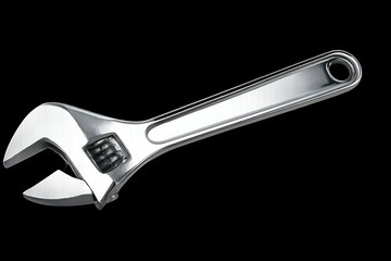 Chrome adjustable wrench, isolated object with reflections and realistic metal texture, transparent background.