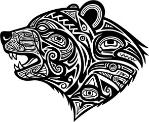 Black and white tiger head tattoo and bear vector illustration with tribal design and nature symbols