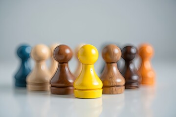 A single bright yellow chess pawn stands out in front of a blurred group of diverse colored pawns symbolizing leadership and individuality