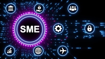 Small and Medium-sized Enterprise SME concept with glowing neon circle and technology icons - Powered by Adobe