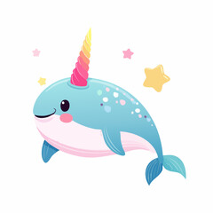 Cute cartoon narwhal with a colorful horn and stars.