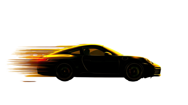 black silhouette of sports car with streaks indicating isolated on white background