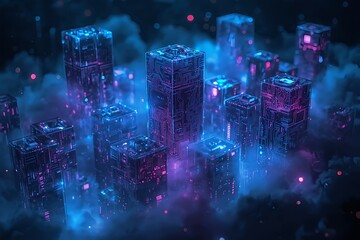 Vibrant futuristic cityscape with glowing blue and purple neon lights illuminating towering skyscrapers in a mystical atmospheric haze