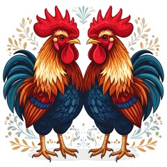Fototapeta premium Two vibrant rooster illustrations mirror each other surrounded by decorative foliage