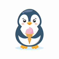 Cute Cartoon Penguin Holding a Pink Ice Cream Cone.