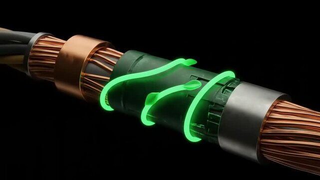 A 3D rendering of a futuristic electrical cable with a glowing green spiral, symbolizing the flow of energy and advanced data transmission