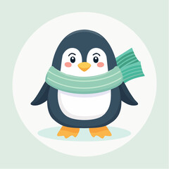 Cute Cartoon Penguin Wearing a Green Scarf in a White Circle.