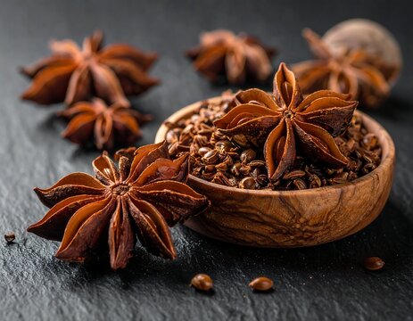 Star anise spices displayed with seeds in a wooden bowl