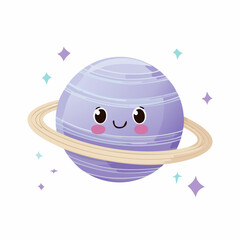 Cute cartoon planet with rings and stars in space.