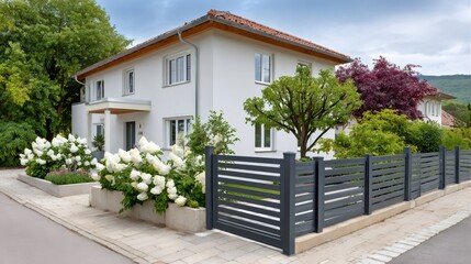 Fototapeta premium Modern suburban house exterior with gray fence and white hydrangeas