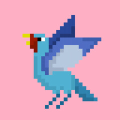 Blue Pixel Art Bird Flying and Singing or Chirping