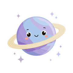 Cute Cartoon Saturn with Rings and Smiling Face.