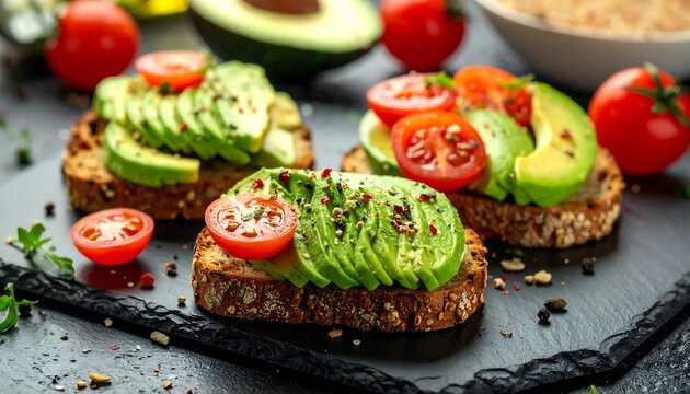 Three open-faced avocado toasts, garnished with cherry tomatoes