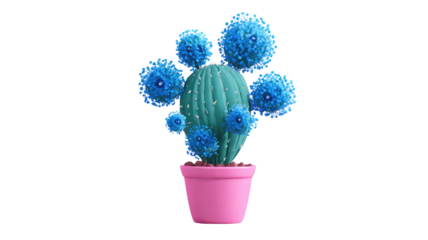 a cartoon cactus with blue flowers in pink pot isolated on white background