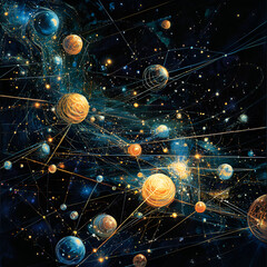 Cosmic Spheres Network, Digital Cosmic Spheres and Connections, Abstract Universe and Planetary Network, Futuristic Cosmic Space Design, Universe and Planetary Systems in Art, Celestial Bodies in Digi