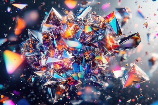 Abstract shattered crystal cluster, vibrant colors, dynamic composition