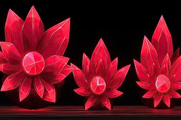 Three large, stylized, red crystal flowers on a dark surface