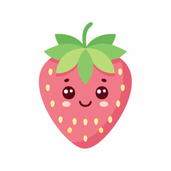 Obraz premium Cute cartoon strawberry with happy face and green leaves.