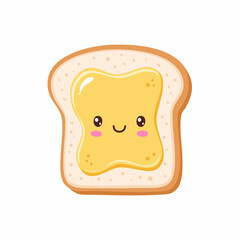 Cute Cartoon Toast with Butter Smiling on White Background.