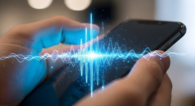 Hands holding a smartphone displaying a blue sound wave visualization on the screen of the device