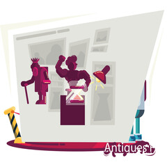 Pixel Art Museum Exhibit Displaying Antique Figures Under Spotlight with Hourglass and Exhibition...