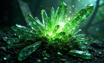 Fototapeta premium Vibrant green crystals glow with an inner light, erupting from dark soil in a mystical, lush natural environment.