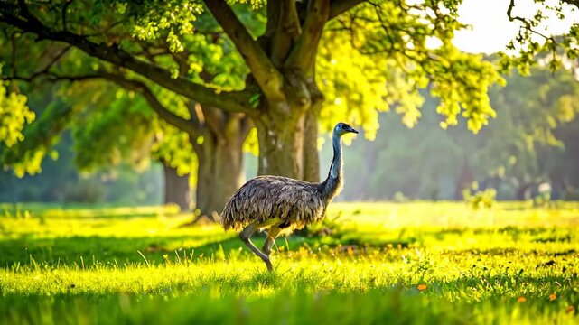 Emu Walking Gracefully in a Sunlit Green Field with Trees.