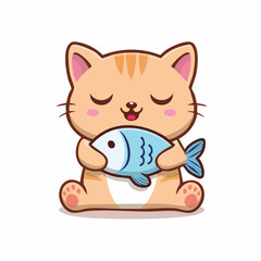 Fototapeta premium Cute Cat Holding Fish Cartoon Illustration.