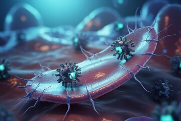 Microscopic view of bacteria and viruses with glowing green spikes on a textured surface microbe microorganism